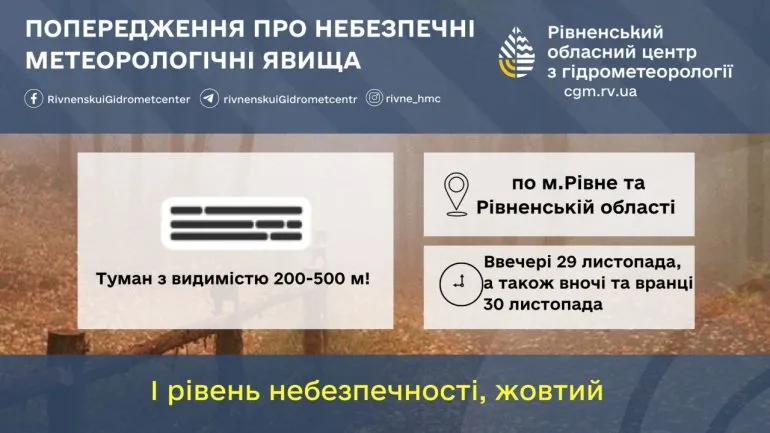 Dense Fog Expected in Rivne Region on November 30