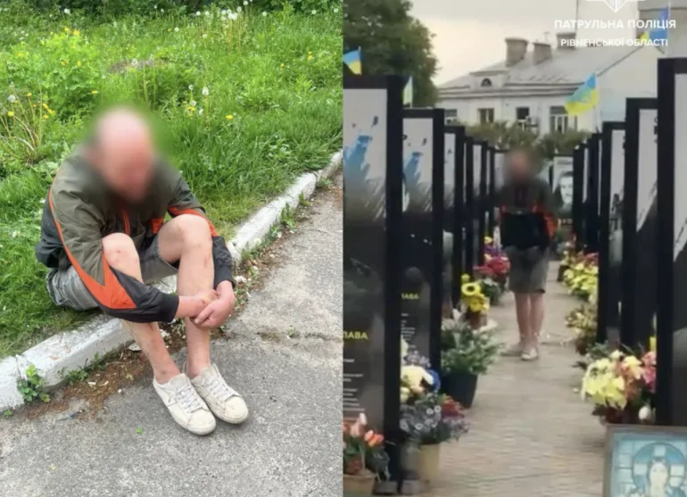 An Aggressive Man Detained in Rivne Near Portraits of Heroes